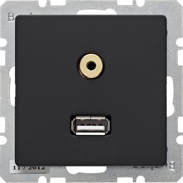 Розетка USB+mini-jack Berker, скрытый монтаж, черный бархат, 3315396086